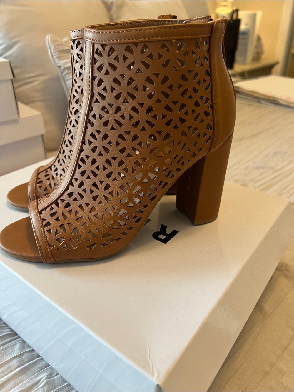 Report Tan Laser-Cut Peep Toe Block Heel Booties